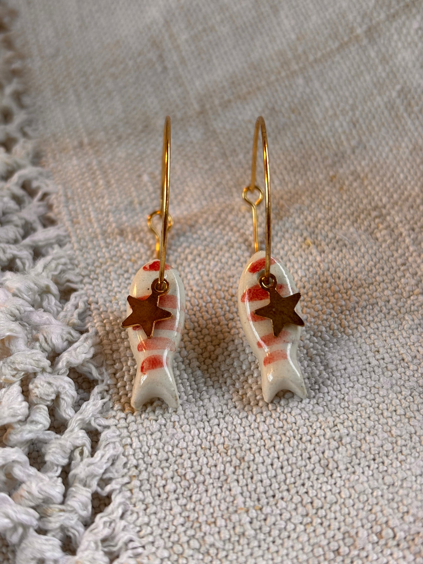 Orecchini Pesci Cerchio in Ottone Oro Anallergico con Charm Stellina in Ceramica